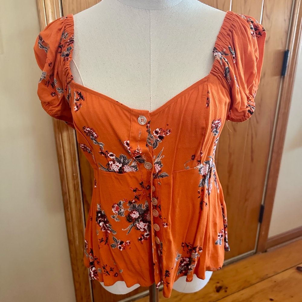 Free People Vibrant Orange Floral Button Blouse